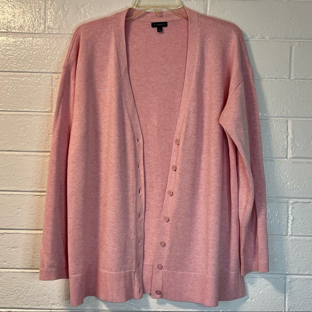TALBOTS lightweight pink button front cotton / rayon cardigan, size L EUC